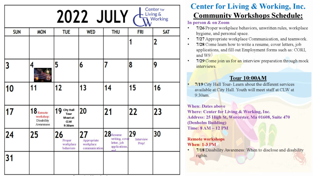Pre-ETS July Calendar. This photo includes the dates, times and descriptions of each workshop and event that Pre-ETS is offering in the month of July
