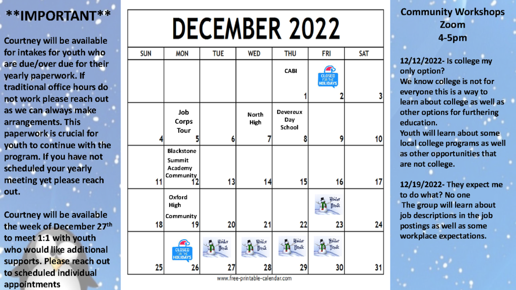 Pre-ETS December Calendar. This photo contains a calendar view of all the workshops and events CLW is providing for Pre-ETS Consumers during the month of December.