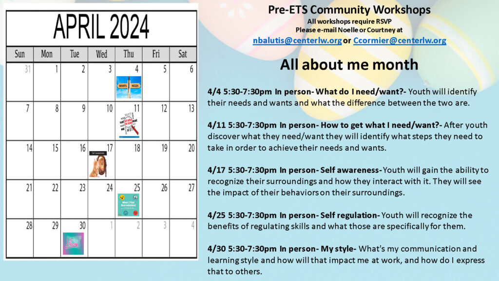 Pre-ETS April 2024 Calendar flyer
