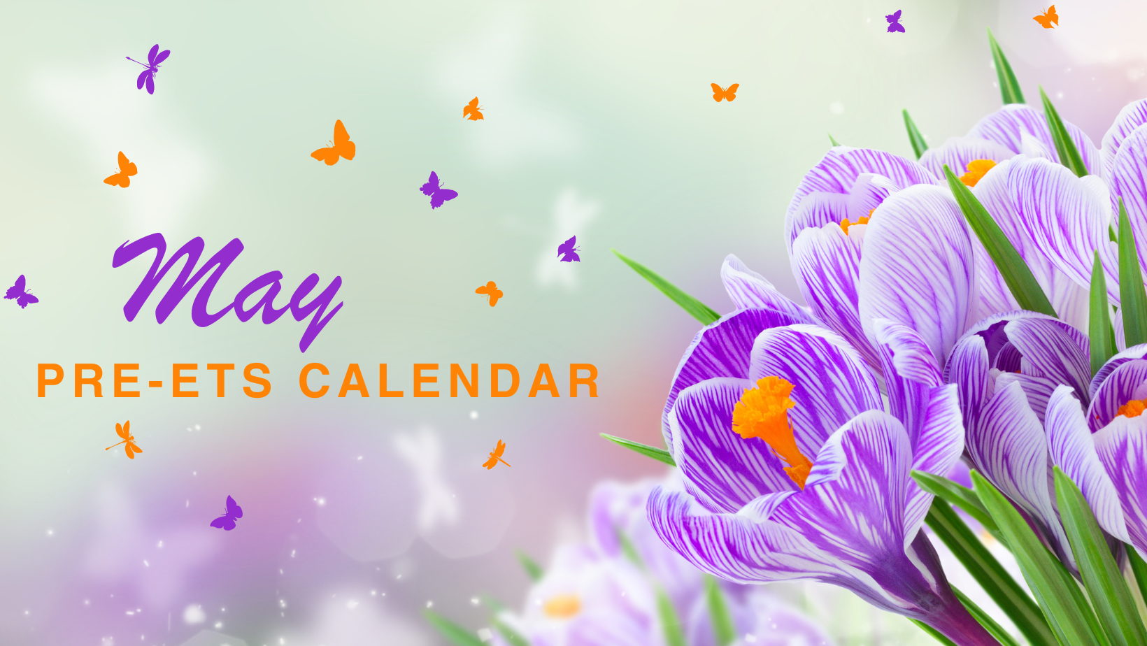 May 2025 Pre-ETS Calenda Cover Photo. Purple flowers with Purple and Orange butterflys