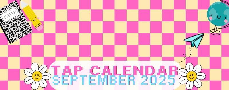 TAP September 2025 Calendar featured photo with a pink and orange background, notebook, pencil, paper airplane and a globe.