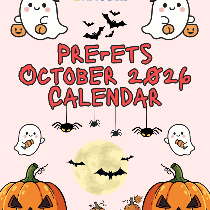 October 2026 Pre-ETS Calendar featured photo contains a pink background with ghosts, bats, pimpkins and spiders