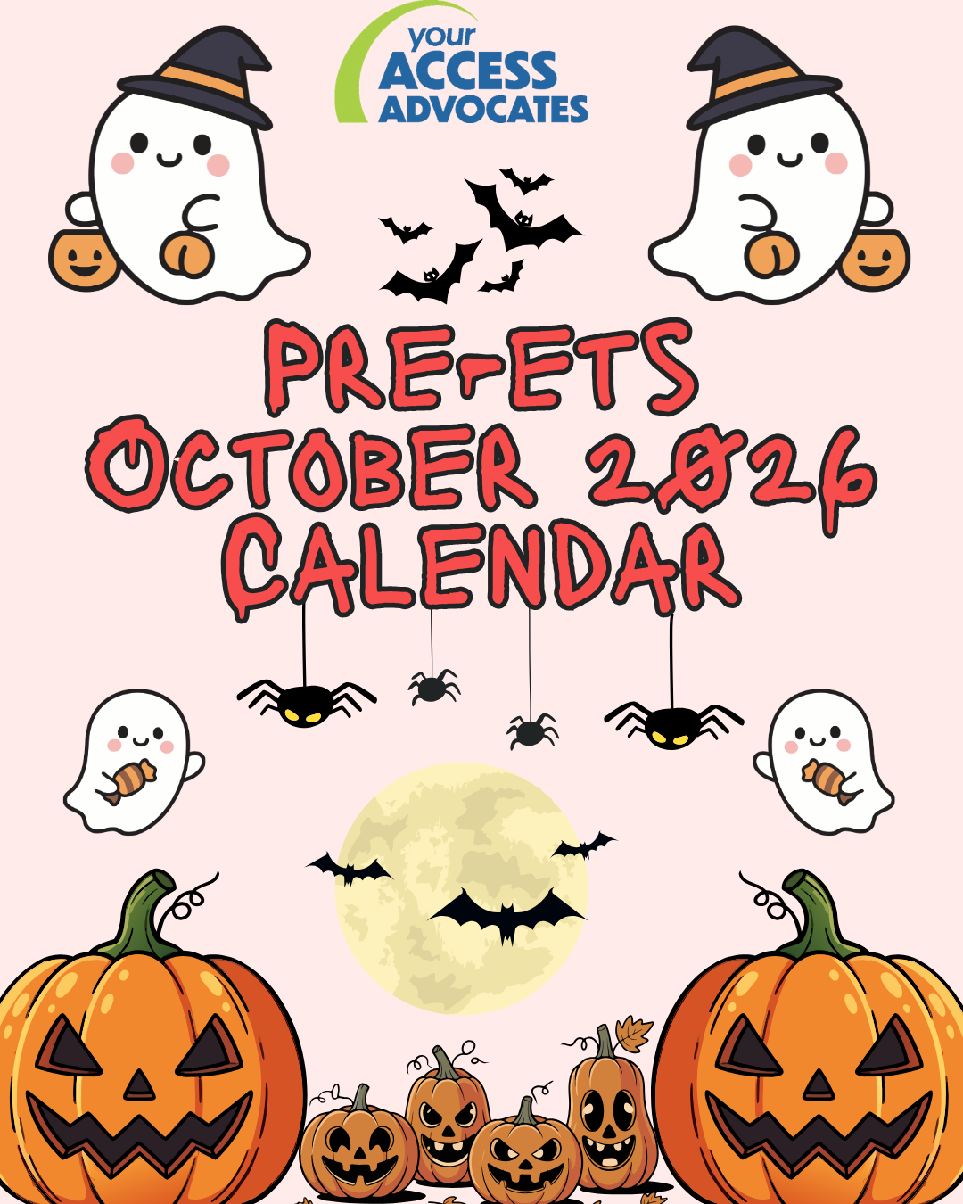 October 2026 Pre-ETS Calendar featured photo contains a pink background with ghosts, bats, pimpkins and spiders
