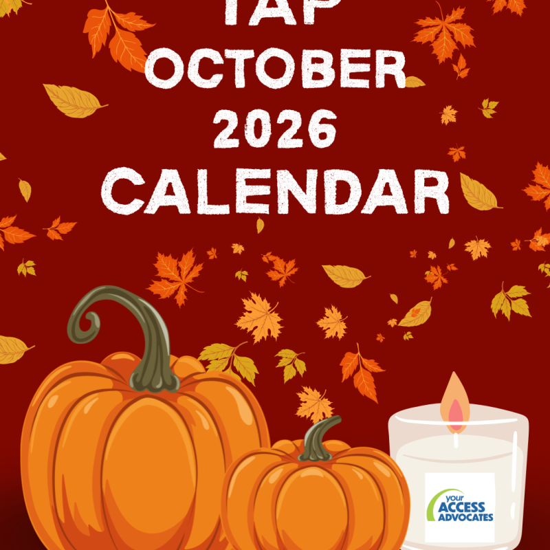 October 2026 TAP Calendar featured phone contains a maroon background with leaves falling, two pumpkins and a candle with YAA's logo