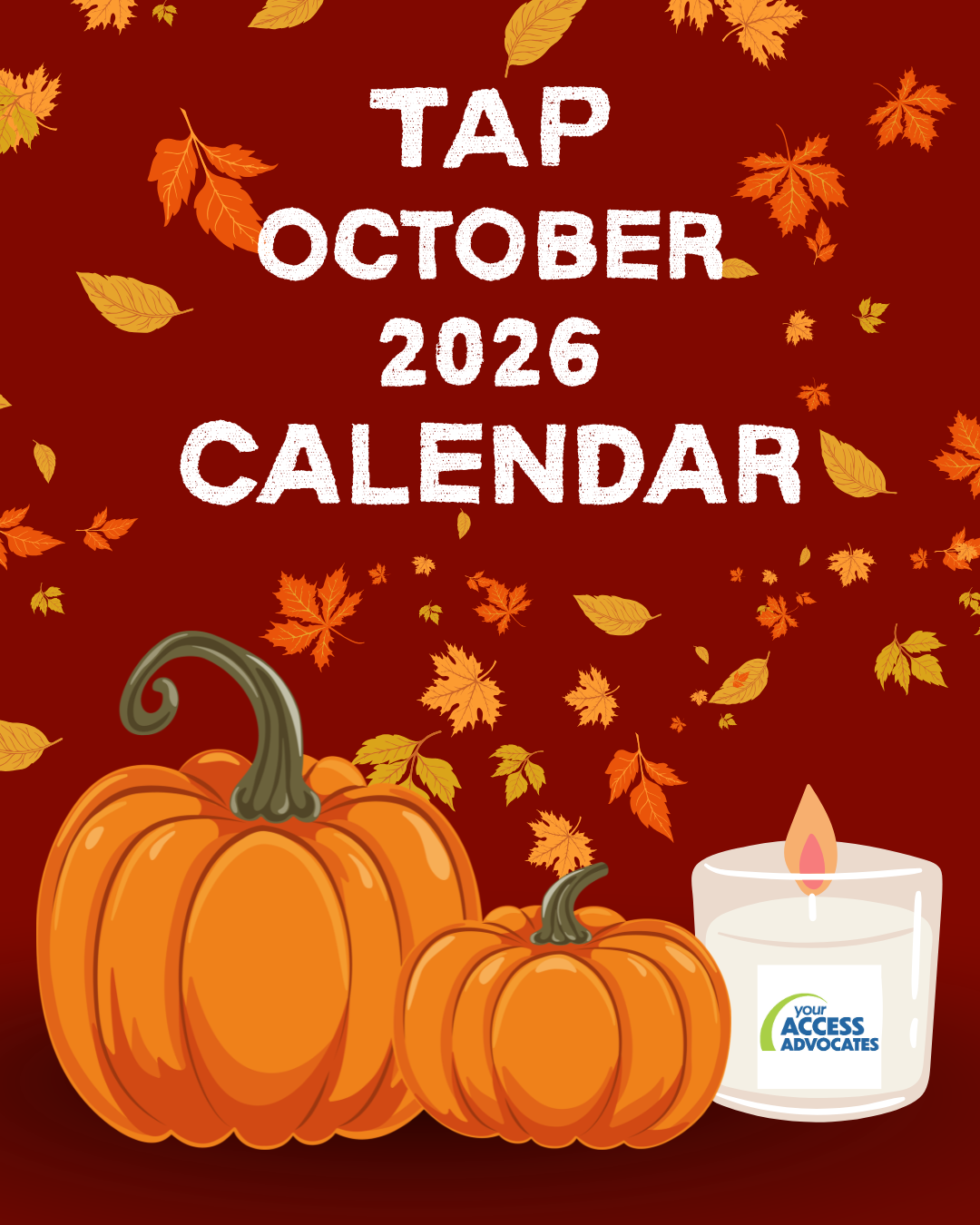 October 2026 TAP Calendar featured phone contains a maroon background with leaves falling, two pumpkins and a candle with YAA's logo